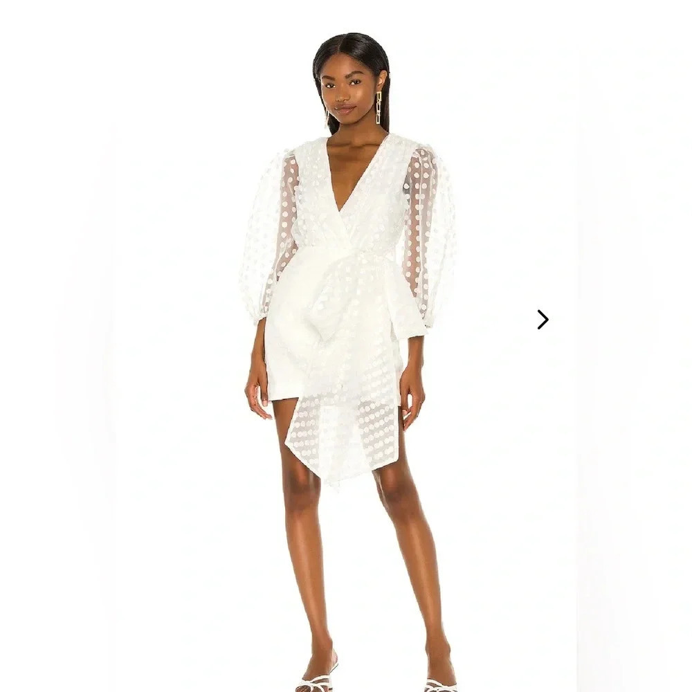 New NWT Lovers + Friends ALIZE MINI DRESS White Dot Bow sz XS $238 puff sleeve